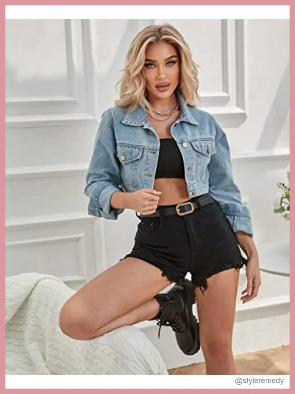 Cropped Denim Jacket Women Button Up Ripped Frayed Distressed Vintage